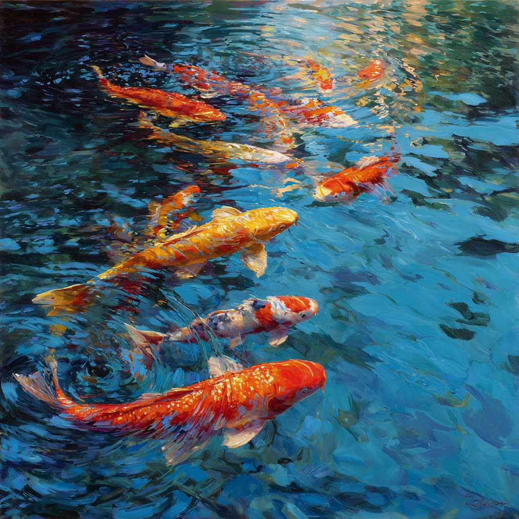 Dreamlike blue water with rippling color and sinuous koi, expressive brushwork capturing motion, oil. --ar 1:1 --v 7 --stylize 100 --fast