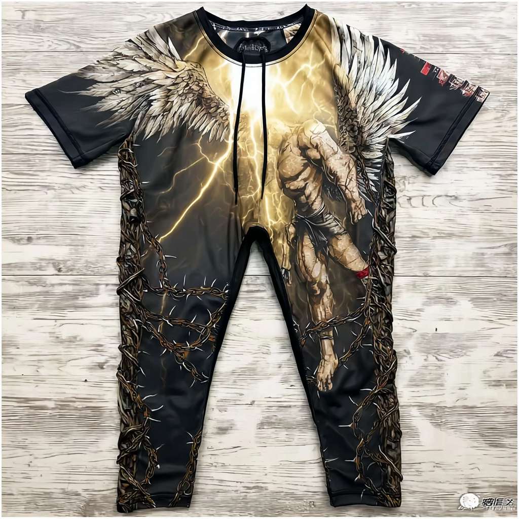 https://img-xpc-mj0.xpccdn.com/prod/upload/28aaad4c-d481-4ef3-8a25-70b56da2c69d/%E8%8D%86%E6%A3%98.jpeg~tplv-5yakomv5zn-auto-v1%3A1024%3A0%3Aq75.jpg 帮我设计一件竞技健美操赛服男款，图案想要有从荆棘丛爬出的感觉，下半部分主要元素为荆棘缠绕，上半部分则是表达挣脱荆棘后迎来的自由、光明 --ar 1:1 --v 7 --stylize 100 --fast --iw 1 --no 水印