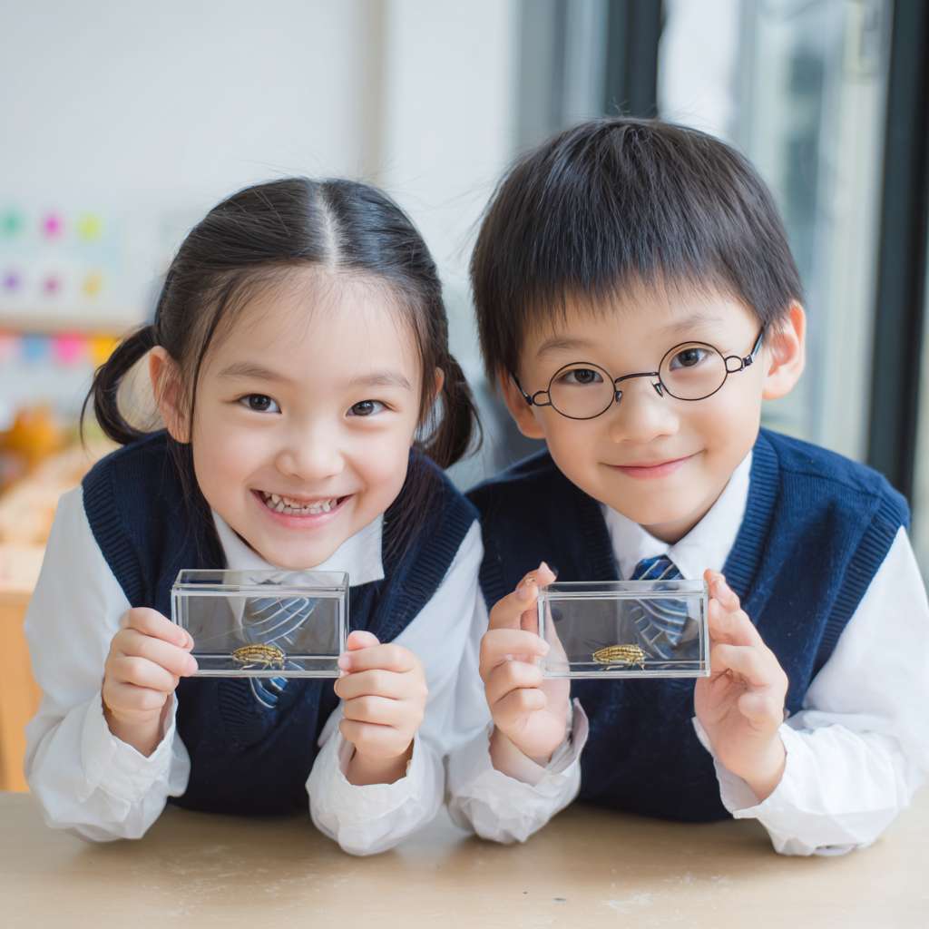 有2位穿著校服的華人小學生開心的表情雙手托起一個螢火蟲的正方體透明小盒子，盒子內的螢火蟲在發光 --ar 1:1 --v 7 --stylize 100 --fast --no 水印