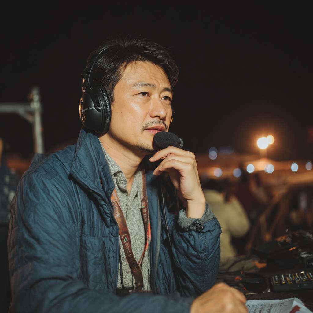 一个节目组导演拿着对讲机很认真地在指导现场，背景是一个夜晚的舞台 --ar 1:1 --v 7 --stylize 100 --fast --no 水印
