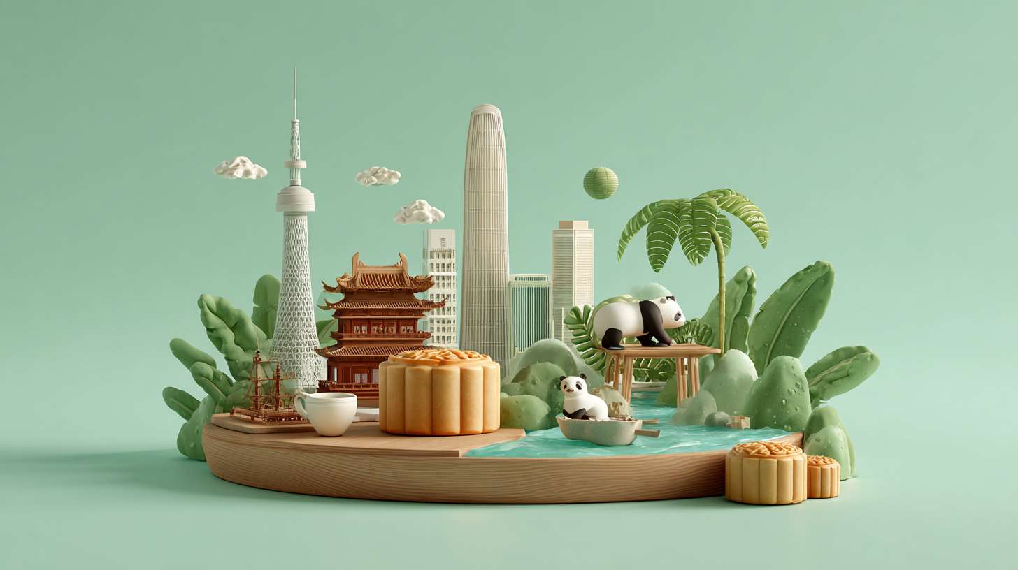 一个月饼创意微缩场景,月饼平放,侧面对着观众,月饼俯视角度,月饼内部展示成都城市真实的特色元素的立体微缩模型,有武侯祠、杜甫草堂等古建,也有成都双子塔等现代建筑,加入熊猫雕塑、茶馆桌椅、竹椅、盖碗茶等元素,还有潺潺流水和绿植营造闲适氛围,整体色调清新浪漫。背景为淡绿纯色。整体风格 3D 渲染,具有梦幻感,使用 C4D 制作,材质上注重光泽感,打光营造出柔和氛围,超详细,高清,HDR,电影构图,强调梦幻和未来感的美学,真实的纹理和光线增强了城市景观的真实性 --ar 16:9 --v 7 --stylize 100 --fast --no 水印