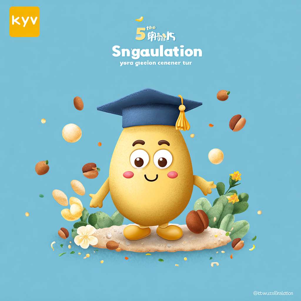 我需要设计一个KV主题，是一个幼儿园毕业典礼的海报，主题是“The fifth season graduation ceremony"。画面的主角是一个金色的种子（豆子）带着毕业帽，金色的种子是卡通形象有眼睛鼻子嘴（儿童卡通）。我需要一个非常完整的画面，要丰富的周围背景。 --ar 1:1 --v 7 --stylize 100 --fast --no 水印