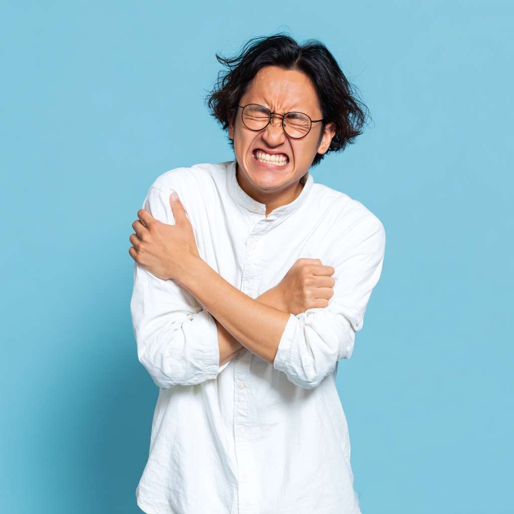 A picture of an Asian person  slapping their cubital fossa --ar 1:1 --v 7 --stylize 100 --fast