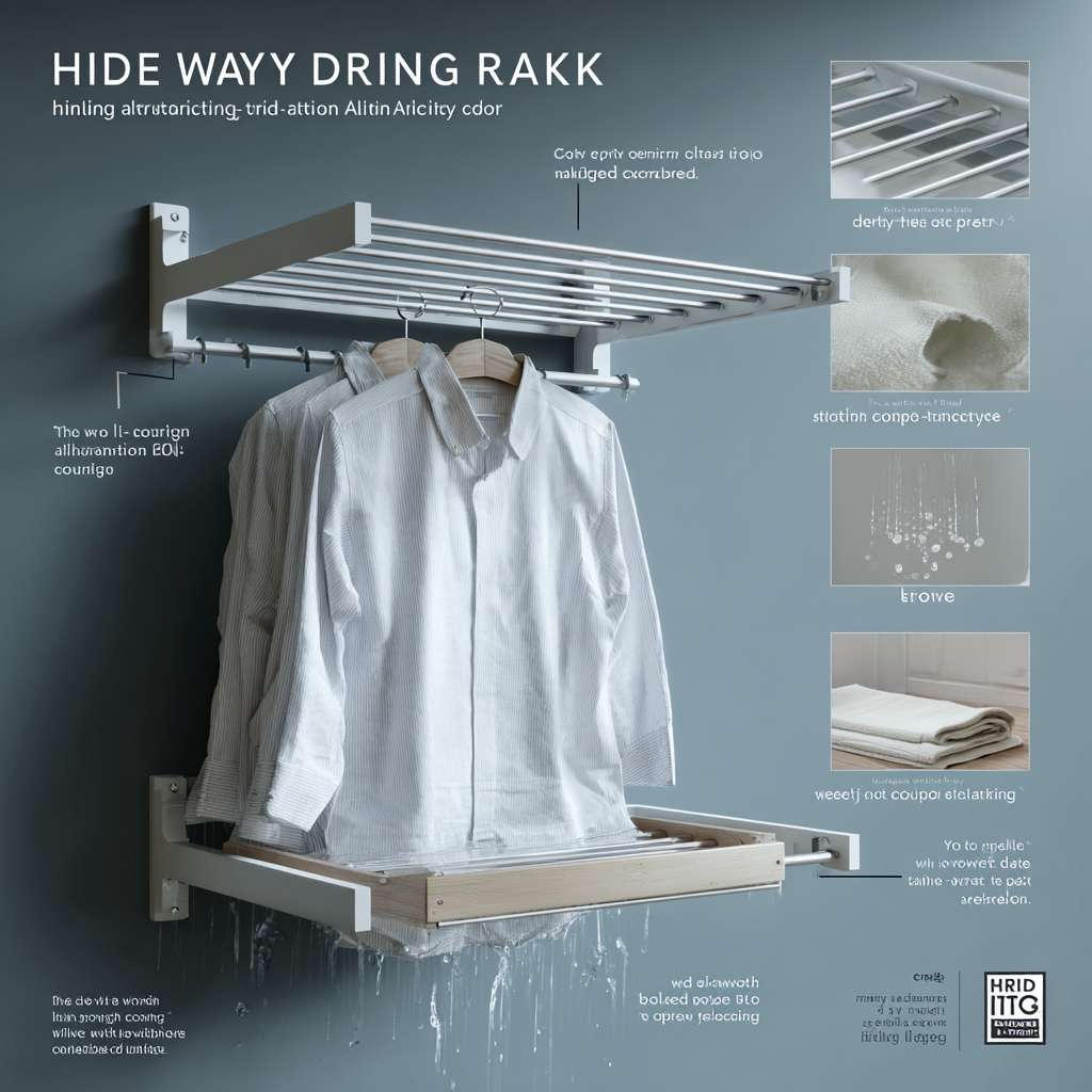 "Hide-away wall-mounted drying rack, extended aluminum bars with silicone anti-slip grooves, realistic wet cotton shirt stretching the frame, water droplets falling into transparent drainage tray, Scandinavian living room context, before/after folding comparison inset, studio lighting with fabric texture emphasis" --ar 1:1 --v 7 --stylize 100 --fast
