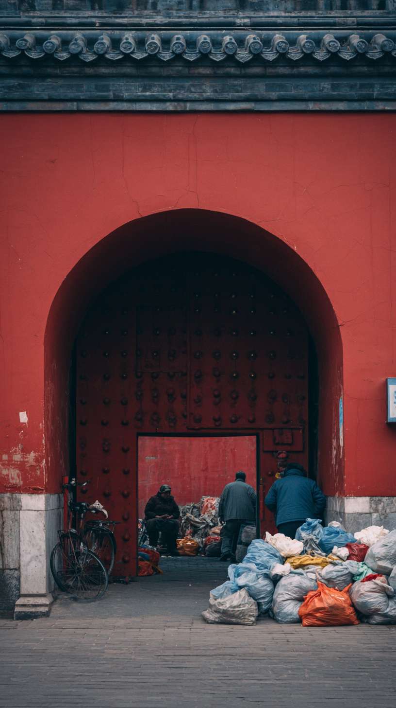 半关闭的国门，门缝中是一双双正在将各中垃圾推入境内的双手，中国人的视角在门内，同心协力把门关上 --ar 9:16 --v 7 --stylize 100 --fast --no 水印