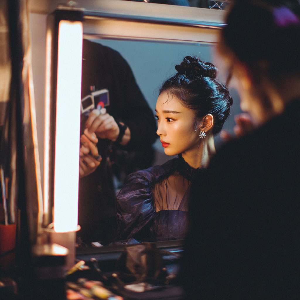 女演员在后台做头发造型，有化妆师在帮她补粉，她看着一面专业的灯光化妆镜，还有造型师帮她在弄头发，画面是一个暖色调，女演员背对着镜子，镜子反射出她的容貌 --ar 1:1 --v 7 --stylize 100 --fast --no 水印