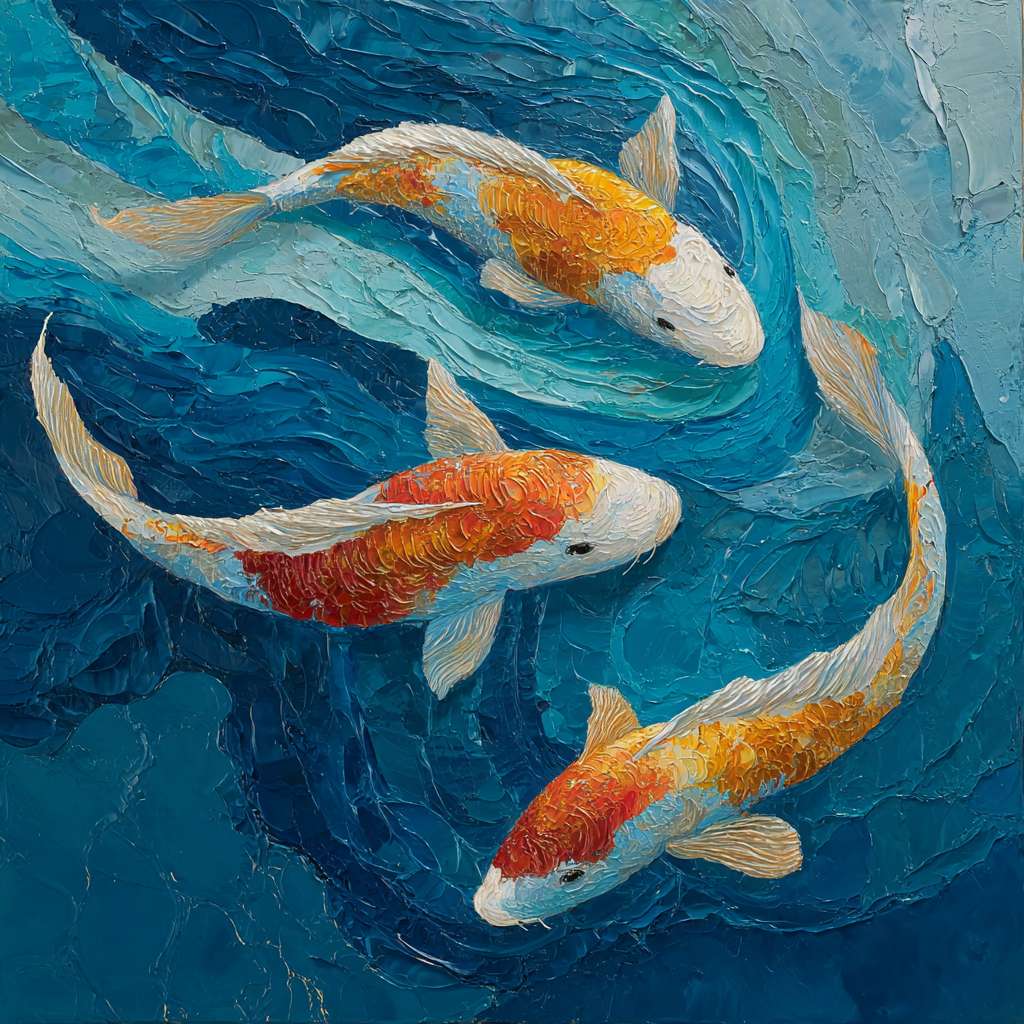 Surreal koi in blue aquatic world, 五彩光影 refracting through water, thick impasto for waves, thin lines for fish contours, oil. --ar 1:1 --v 7 --stylize 100 --fast --no 水印