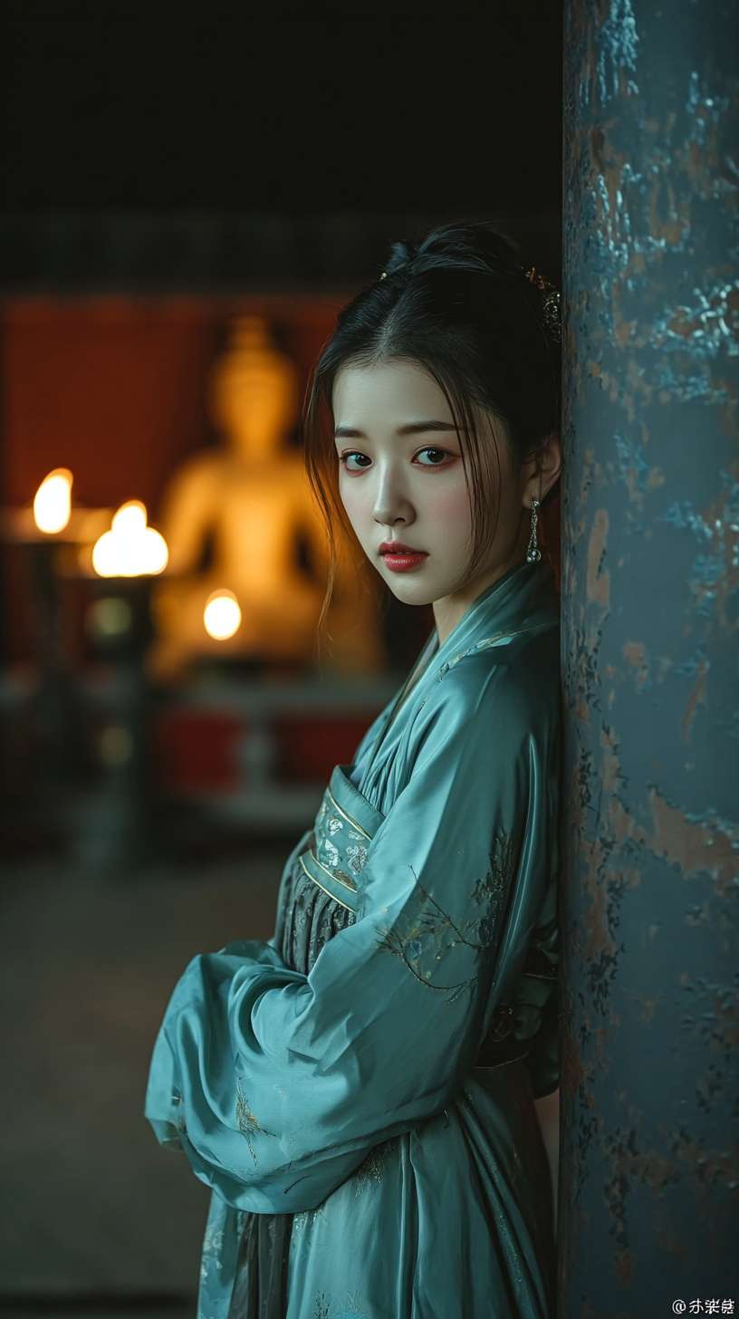 https://img-xpc-mj0.xpccdn.com/prod/upload/6b972415-610e-47e7-95a6-6e582e3f8681/%E5%A5%B3%E5%AD%90-1.png~tplv-5yakomv5zn-auto-v1%3A1024%3A0%3Aq75.jpg 参考图中女子容貌和背景，深夜寺庙，一个身着古风青衣的女子，从昏暗寺庙的柱子后探头而出，手轻扶着柱子，容貌清丽脱俗，眼神带着一丝哀愁。正面中景镜头，写实风格 --ar 9:16 --v 7 --stylize 100 --fast --iw 1 --no 水印