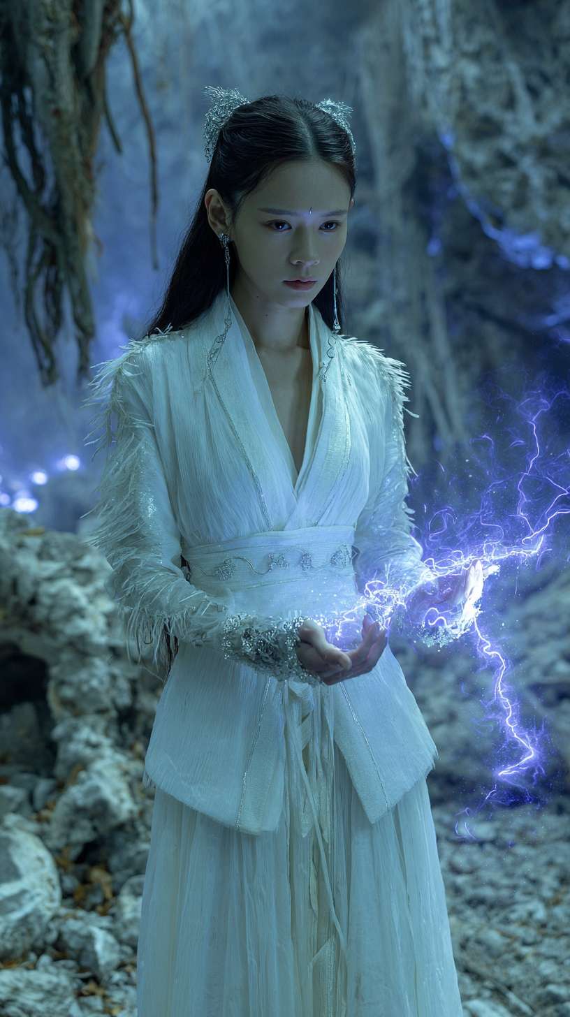 8K high - definition cinematic realism with Tsui Hark's fantastical camera techniques. Nie Xiaoqian wears a white绡纱 high - waisted ruqun featuring a tasteful slit that artfully frames her graceful legs, her semi - transparent feather silk outer robe flowing like liquid silk in artificial wind. She stands before a dilapidated temple in ancient forest depths, where moss - covered pillars are tangled with spiderwebs and broken clay statues cast eerie shadows under moonlight. A diagonal ray of God's light pierces through tree canopies, silvering her hair and highlighting drooping fox ears that evoke vulnerability. Her ice - blue demonic eyes glisten with unshed tears, framed by crystalline silver filigree. Pale skin glows with pearlescent moonlight as she holds floating dead leaves with trembling hands, silver bracelets jingling softly. Purplish - blue demonic energy coils around her ankles in particle特效, creating surreal patterns on rubble - strewn ground. The background blurs into mist - shrouded primeval forest, while fireflies in 0.5x speed orbit her. The color palette combines Tsui Hark's signature cyan - blue cool tones with warm golden佛光, emphasizing her haunting fragility. --ar 9:16 --v 7 --stylize 100 --fast --no 水印