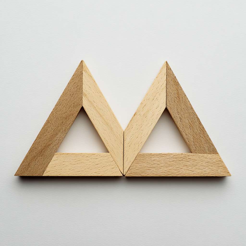 只需要简单的线段，两个独立等腰三角形两个角挨着平放在下面，一个等腰三角形左边的角挨着下面左边的三角形的顶点，右边的角挨着下面右边的三角形的顶点在上面，组成一个新的等腰三角形 --ar 1:1 --v 7 --stylize 100 --fast --no 水印