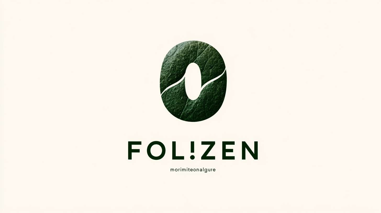 Clever negative space logo: Letter "O" in "FOLIZEN" doubles as a meditative stone, hidden leaf vein in counter of "e", deep moss green on cream, clean sans-serif, tagline minimally placed at right bottom --ar 16:9 --v 7 --stylize 100 --fast