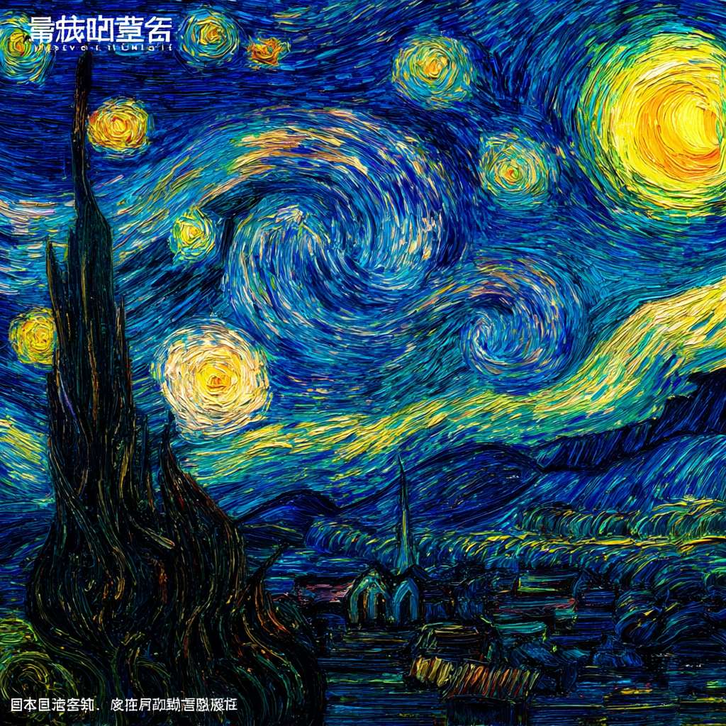 你是一位现代艺术家，笔触特点是生动富有情感张力，现在请临摹一张梵高的《星月夜》。在原作的基础上添加一些自己的风格，带有些微的怪诞感。通过对原作一些要素的修改将一些克苏鲁神话风格的要素掺入其中，更加凸显出一种对未知事物的恐惧感。 --ar 1:1 --v 7 --stylize 100 --fast --no 水印