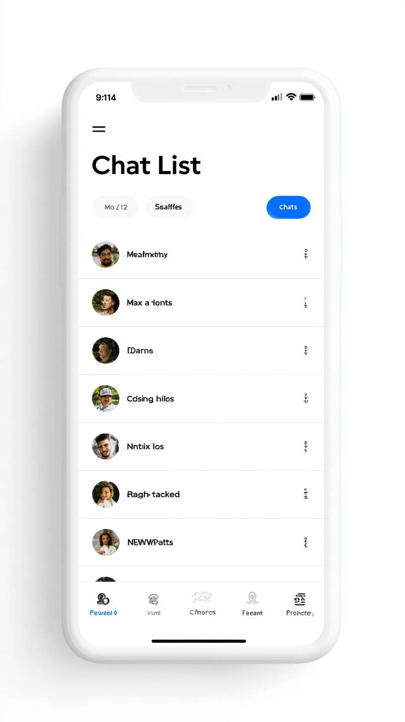 2. Chat List Homepage
The main chat list screen with a minimalist design. It features a white top navigation bar (56dp high) with a left-aligned app icon, a centered bold black "Chats" title (18sp), and a right-aligned "+" button (24dp) for starting new conversations. The main content area has a light gray background (#F5F5F5) and presents a vertically scrollable list of chat items. Each chat item (72dp high, white background) includes a left-aligned circular avatar (48dp), a primary line for the contact's nickname (16sp, black), and a secondary line for the latest message (14sp, gray, with a single-line ellipsis). Unread message indicators (red badges) are present where applicable. A search bar is fixed at the top of the list. The bottom tab bar is white, with three tabs: "Chats" (active, blue icon), "Friends" (inactive, gray icon), and "Profile" (inactive, gray icon). The primary color is #2196F3. --ar 9:16 --v 7 --stylize 100 --fast