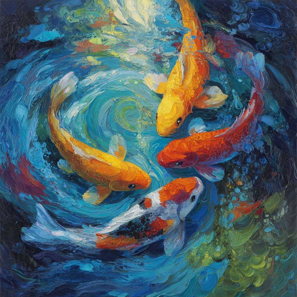 Dynamic blue water scene with swirling color bursts, koi fish in vivid hues, brushwork blending abstraction and detail, lively energy, abstract. --ar 1:1 --v 7 --stylize 100 --fast