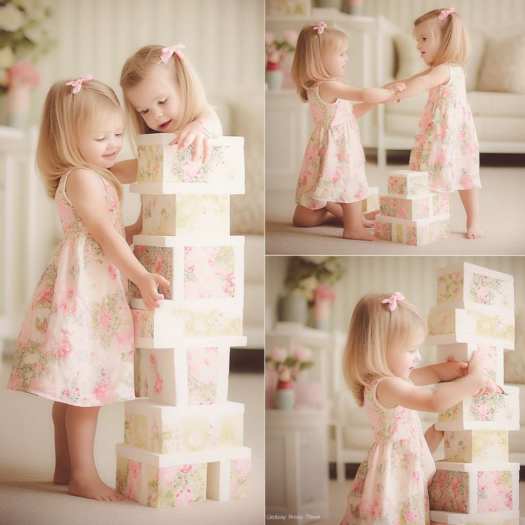 A 3-year-old girl in a floral dress teaching her 1-year-old sister to build a castle with blocks, soft pastel colors, warm family atmosphere, detailed facial expressions --ar 1:1 --style cute --stylize 100 --fast --niji 5