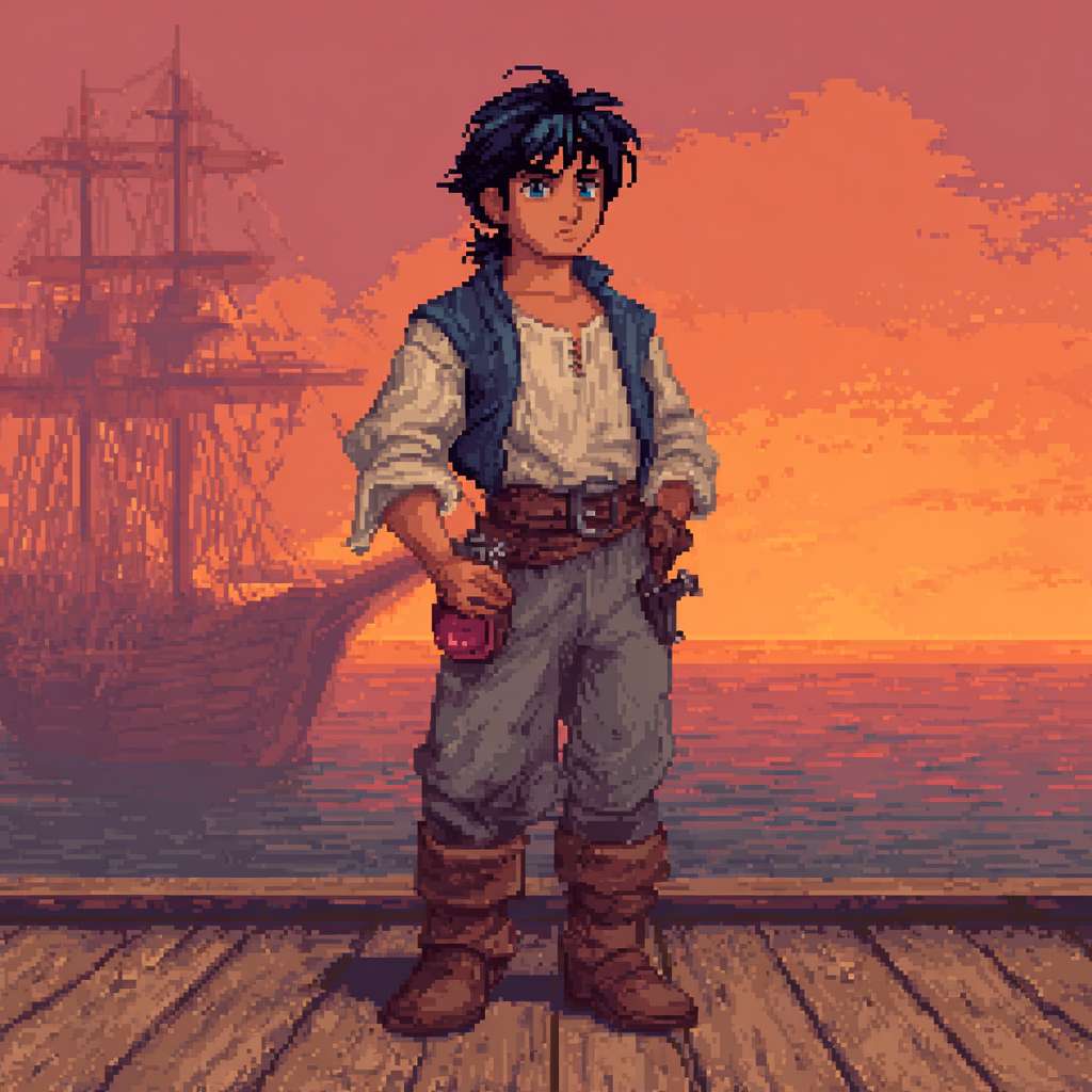 A young half-elven sailor named Baya standing on a wooden dock at sunset, slightly pointed ears, deep-blue eyes, shoulder-length black hair with sun-bleached brown tips, bronzed skin, lean muscular build. He wears a worn white linen shirt with sleeves rolled up, a patched dark-blue vest, gray roughcloth pants tucked into brown leather boots. On his waist, a dark leather belt holds a small red potion bottle and a rustic brown flask. A short sword in a simple wooden scabbard hangs at his side. His expression is a mix of guarded suspicion and hidden longing. Behind him, a silhouette of a sailing ship under a pink-orange sky. Style: pixel art character portrait, 32x32 or 64x64 sprite, limited color palette, clear outlines, detailed shading, nostalgic retro video game aesthetic --ar 1:1 --v 7 --stylize 100 --fast