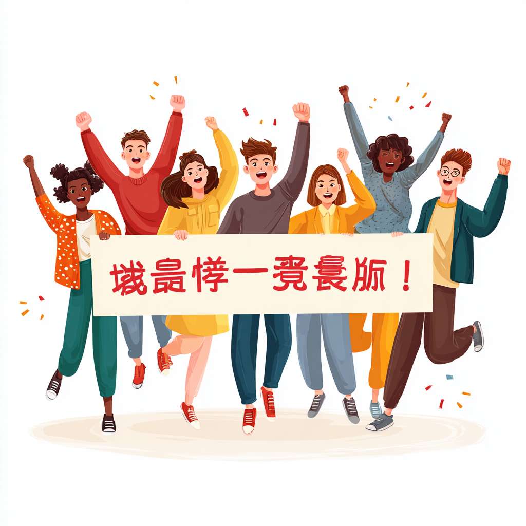 8 diverse people (varying in age, gender, ethnicity, clothing style—e.g., casual sportswear, streetwear) holding a wide rectangular banner with clear Chinese text: "没进八强又怎样?敢打敢拼就是王!", dynamic cheering poses (some raising fists, some leaning forward, natural facial expressions of excitement and enthusiasm), dynamic low-angle shot (to enhance sense of energy), vibrant and saturated colors (bright reds, yellows, blues as main tones, avoiding dullness), cartoon style (rounded character features, smooth line art, soft shading like Japanese anime or Western cartoon), clean simple background (solid light color or gradient, no redundant elements), high detail (clear texture of clothing fabric, wrinkles on the banner, subtle facial expressions, sharp edges of text on the banner), 4K resolution, full-body shot, positive atmosphere --ar 1:1 --v 7 --stylize 100 --fast --no 水印