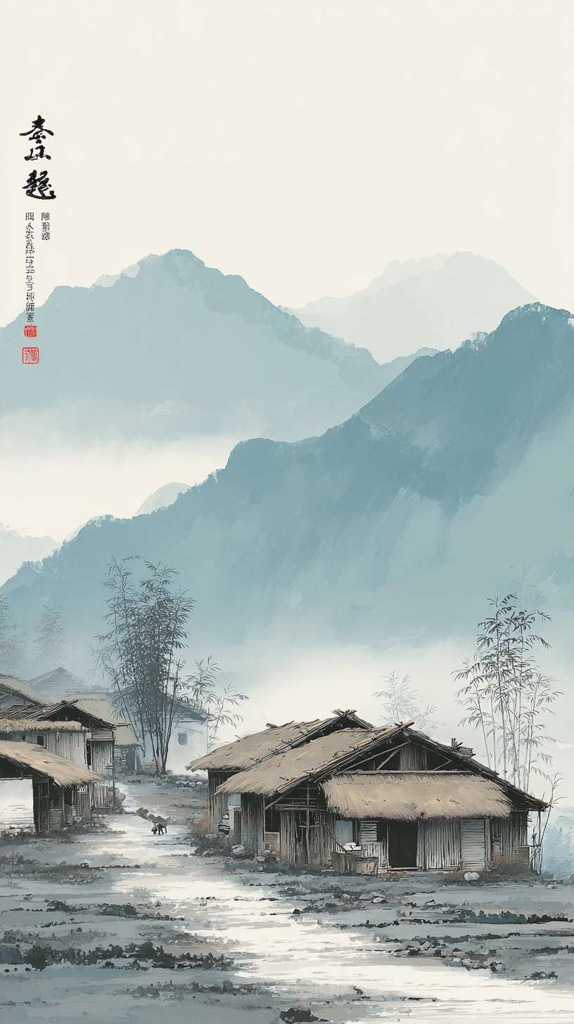 新手村-水墨风
750x1334px
构图:竖版全景,下方 2/3 为村落(3-4 间茅屋、竹篱笆、石板路),上方 1/3 为远山(层峦叠嶂)核心元素:- 茅屋:稻草屋顶(焦墨点画)、竹木结构(淡墨线条)- 炊烟:淡墨留白,呈 “S” 形飘散- 点缀:村口老槐树(浓墨枝干、淡墨树叶)、田埂小路
主色调:灰蓝色(R150-170, G160-180, B180-200)辅助色:- 屋顶稻草:暖灰色(R160-170, G150-160, B130-140)- 树叶:淡绿色(R140-150, G160-170, B130-140)统一适配:灰蓝色与其他场景主色调明度对齐(保持 30%-85% 区间)
1. 炊烟用 “淡墨晕染 + 留白” 技法,与竹林的薄雾笔触一致2. 茅屋线条粗细与武馆的木架线条保持统一3. 远山墨色层次与山间小路的云海层次一致 --ar 9:16 --v 7 --stylize 100 --fast --no 水印