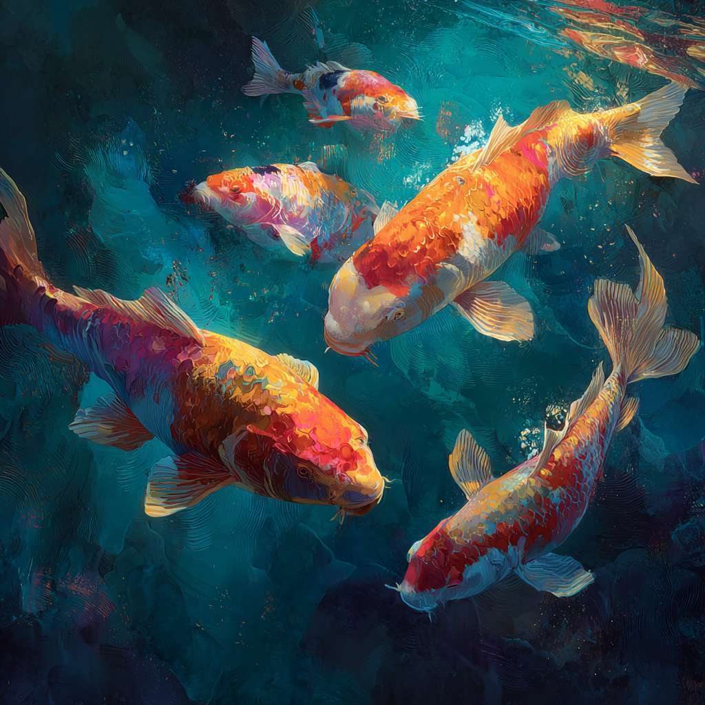 Vibrant underwater scene: blue water, 五彩光影，and dynamic koi, 粗笔触 for texture, 细笔触 for agility, abstract. --ar 1:1 --v 7 --stylize 100 --fast --no 水印