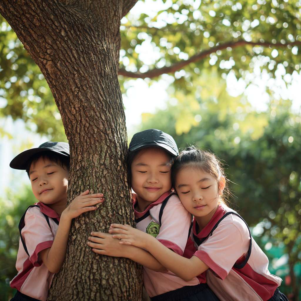 三位大約十至十一歲的小學生圍繞著一棵大樹，雙手輕觸樹幹，閉上眼睛感受大自然的氣息。陽光穿過樹葉灑下，光線柔和自然，背景是森林或公園環境，氣氛平靜、溫暖、真實。真實攝影風格，運動服整潔，構圖自然，他們穿著整齊的運動服，環抱著大樹，並脫掉帽子 --ar 1:1 --v 7 --stylize 100 --fast --no 水印