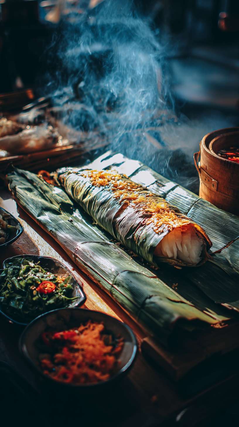 芭蕉叶烤鱼，打开热气腾腾的芭蕉叶，看见一条包裹着作料的鱼冒着热气，滋啦滋啦的声音下，看到若隐若现的雪白的鱼肉，看上去就非常有食欲，旁边还摆放着版纳特制口味的蘸料，隔着屏幕都溢出了鱼肉鲜甜 --ar 9:16 --v 7 --stylize 100 --fast --no 水印