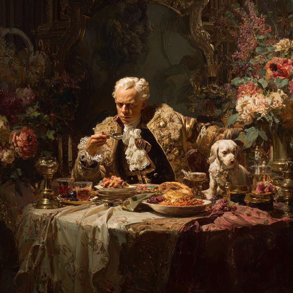 皇上吃饭吃的特别美味 --ar 1:1 --v 7 --stylize 100 --fast --no 水印