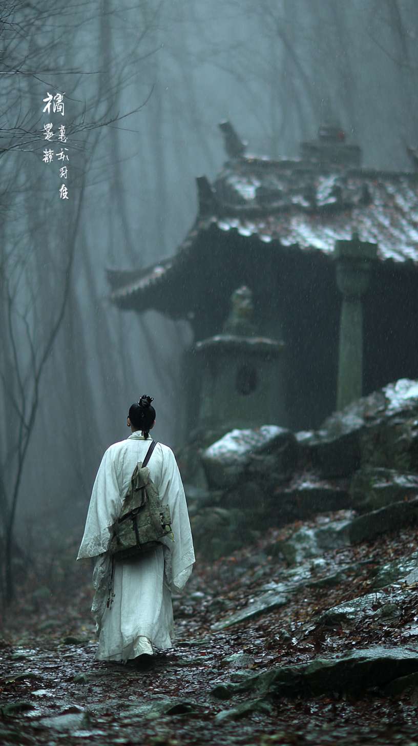 在深山里面，月光照亮着地面，一个身着白色衣服的书生，背着书箱，簪子盘着头发，外面下着雨比较阴暗，前面有点远的地方是一座破败的寺庙，背向镜头，远景镜头，写实一些的风格 --ar 9:16 --v 7 --stylize 100 --fast --no 水印