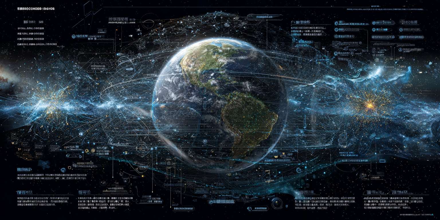 地球与科技线路”的概念，深化为一个关于文明、网络、数据与宇宙关系的宏大叙事。它将地球具体化为一个活着的计算实体，将物联网线路具体化为一个多层次、动态、有智能体穿梭的生态系统，并通过宇宙背景和潜在威胁增添了故事的深度与张力，完全符合您所要求的“非常具体和科技风，信息网络风” --ar 2:1 --v 7 --stylize 100 --fast --no 水印