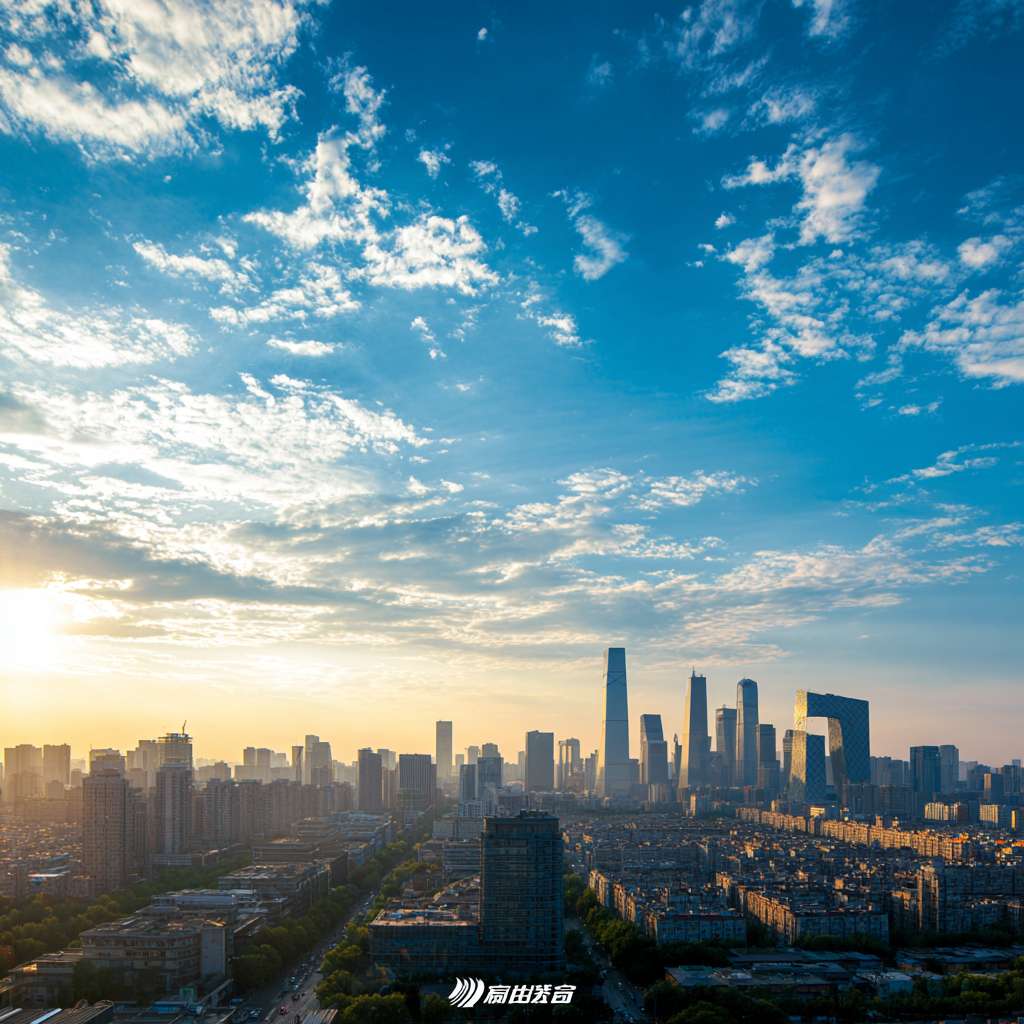 视觉焦点： 一张开阔的视角，可能是晨曦或黄昏时分的城市天际线，天空湛蓝高远，有几缕云彩（体现“秋高气爽”）。天际线中突出显示由该公司承建的标志性建筑。
文案排版：

主标题： 新凉初至，宏图正展

副标题： 处暑节气，[公司名称] 与城市共生长

主体文案： 暑热消散，视野开阔。我们以建筑丈量时代，用空间承载梦想。

公司Logo和网址 放置在底部。
配色： 蔚蓝色、金橙色（朝阳或夕阳色）、建筑剪影的黑色或深灰色。
风格： 大气、开阔、充满希望和力量感。强调公司的规模、视野以及与城市发展的紧密联系。 --ar 1:1 --v 7 --stylize 100 --fast --no 水印