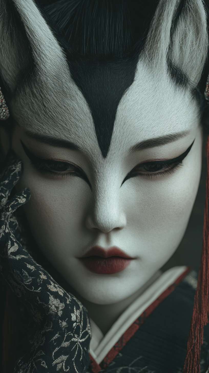 Close-up portrait of a dark nine-tailed fox spirit in human form, East Asian beauty with deathly pale skin, sharp black eyeliner extending like --ar 9:16 --v 7 --stylize 100 --fast
