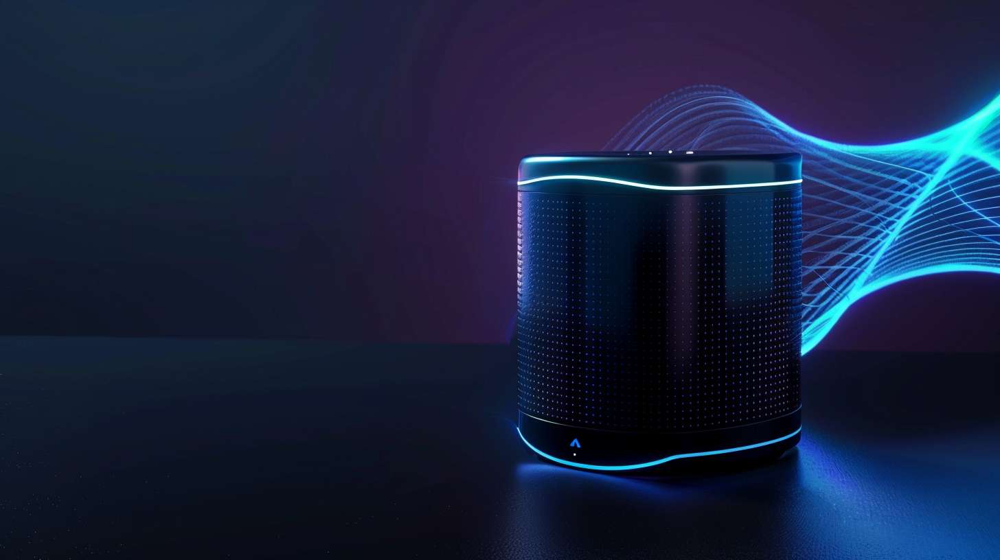 A futuristic black Bluetooth speaker with glowing blue LED edges, holographic sound waves floating above it, dark gradient background, cyberpunk aesthetic, 8K --ar 16:9 --v 6 --stylize 100 --fast