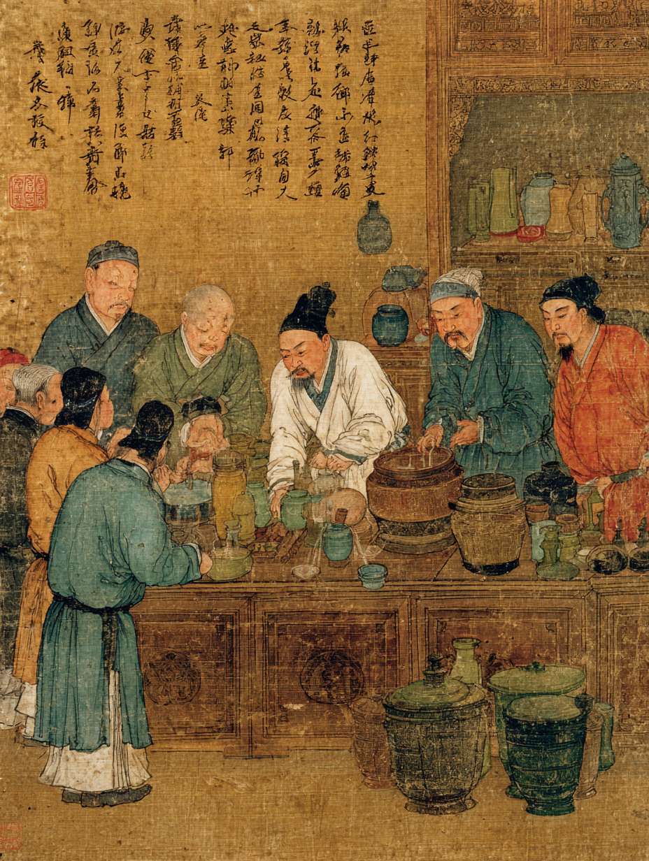 宋代茶馆内客人因饮水问题不适场景，客人腹痛表情，郎中诊治，茶馆老板愧疚赔罪，茶具和水源特写，中国传统医学元素，青绿色调 --ar 3:4 --v 7 --stylize 100 --fast --no 水印