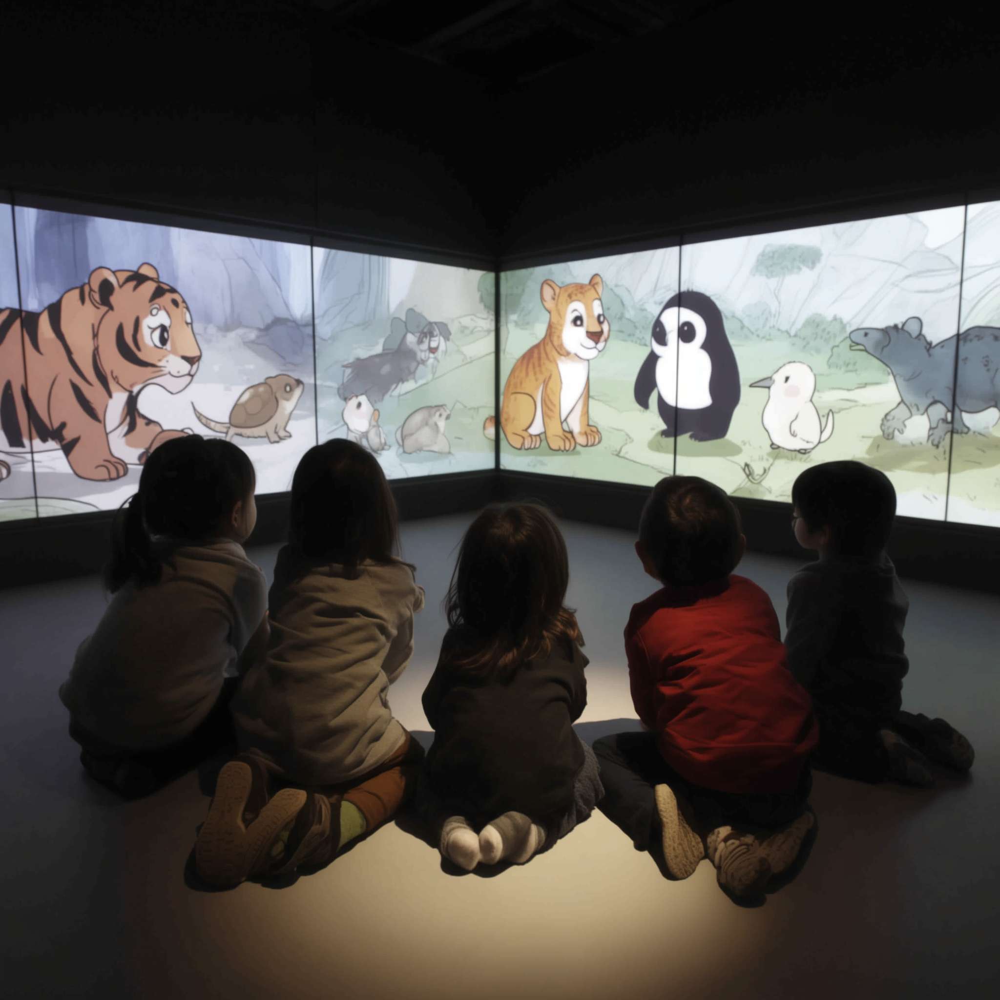 小學生們在校園裡圍成一個半圓形，以卡通的風格展示穿山甲、老虎、水獺、中華白海豚、熊貓、飛鼠、龜等等的瀕危物種以可愛的卡通風格呈現，讓學生們看起來像是在觀察和互動畫面中的動物 --ar 1:1 --v 7 --stylize 100 --fast --no 水印