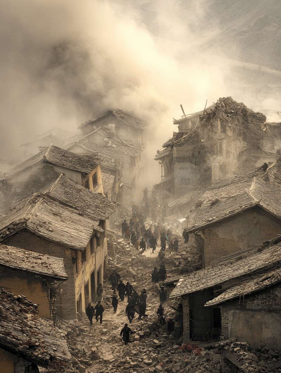 宋代地震灾难场景，房屋倒塌，尘土飞扬，居民惊慌逃跑，中国传统建筑结构损坏特写，灾难性氛围，灰黄色调，动态模糊效果 --ar 3:4 --v 7 --stylize 100 --fast --no 水印