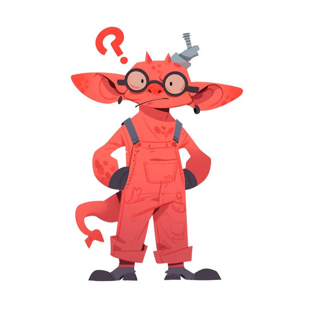 [隐患君]：cartoon red gremlin with smoking question marks, industrial overalls, 2D flat design, Pixar style, white background --ar 1:1 --style expressive --stylize 100 --fast --niji 5