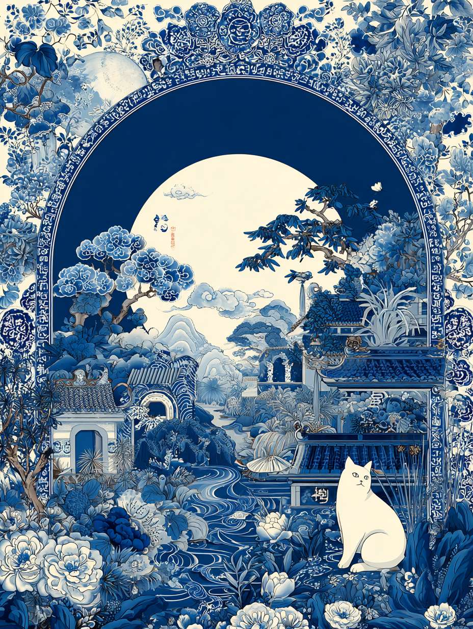 Mid-Autumn Festival Qingqing porcelain poster, a big moon and exquisite blue and white porcelain pattern with ancient Chinese architecture and traditional decorative patterns. The cover is set against the backdrop of nature, with a big moon, clouds, trees, flowers, animals or birds and other elements representing oriental culture. The dark background, simple style, a whimsical cat sits gracefully among these elements, adding charm and interest. ,Cthing art style --ar 3:4 --v 7 --stylize 100 --fast