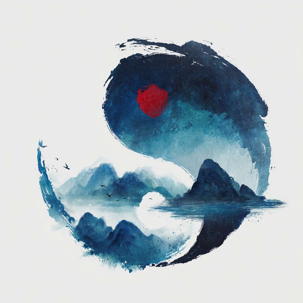 The circular logo adopts the traditional Chinese ink and wash Tai Chi symbol (not a circle), with alternating shades of blue, black, and white, surrounded by a hazy silhouette of a blue mountain range, and a red dot in the center. Tai Chi has a fish shaped pattern: black fish (yin) and white fish (yang) are wrapped in smooth curves, reflecting the interaction between yin and yang. The mountain range extends slightly from the imaginary part of Tai Chi to increase the artistic conception. The picture mainly focuses on Tai Chi, emphasizing the balance of yin and yang and the combination of movement and stillness, with mountains as a supplement. The background is pure white, with a Zen style, simple design, no text, no watermark, high resolution, vector image, and white space at the edges of the picture. Pay attention to the artistic conception of the picture, and have a combination of movement and stillness --ar 1:1 --v 7 --stylize 100 --fast