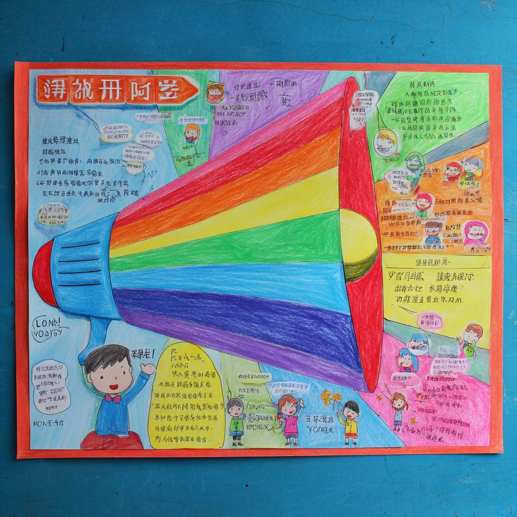 幼儿园大班布置推广普通话手抄报作业，如何构思一个画面鲜明、主题突出、以图为主的手抄报内容。
一、整体构图：一个大大的“喇叭”当主角
画一个几乎占满纸的彩虹色大喇叭（圆锥形+喇叭口），象征“把普通话传遍天下”。
喇叭口朝右上角，自然形成“对角线构图”，空白处正好放文字。
喇叭里“喷”出 4 个彩色气泡，每个气泡里画一幅小图，对应 4 句童谣。
二、4 句“一看就会读”的童谣（每句 5～7 个字，方便孩子描红）
把 4 句童谣分别写进 4 个气泡里，字大、描红、加拼音，老师家长一眼能读。
① 举起彩虹小喇叭
② 大家来说普通话
③ 字正腔圆顶呱呱
④ 祖国妈妈笑哈哈
三、配角让画面“活”起来
喇叭左下画 2 个小朋友，一个汉族、一个少数民族（加小辫子或特色服饰），一起张大嘴做“a—o—e”口型，体现“大家都说普通话”。
喇叭右下画一只卡通“话筒精灵”（给话筒画手脚、笑脸），手拿“五星小贴纸”，暗示“说得棒就奖励”。
背景用淡色中国地图剪影（或只画几座不同颜色的小房子），表示“普通话传四方”。
四、颜色搭配口诀
“喇叭彩虹色、人物原肤色、背景淡蓝绿”，保证主角色彩炸、背景不抢戏。
五、标题 
大家来说普通话
六、手工加分小技巧
喇叭口边缘贴一圈金色亮粉胶，太阳一照“闪”——抓眼球。
4 个气泡用泡沫胶垫高 3 mm，立体又好玩。
把童谣字做成小拉环，孩子能来回拉动，互动感满满。 --ar 1:1 --v 7 --stylize 100 --fast --no 水印