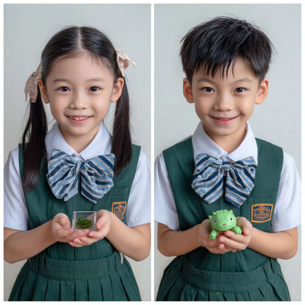 有2位穿著校服的華人小學生開心的表情雙手托起一個螢火蟲的正方體透明小盒子，盒子內的螢火蟲在青苔上發光 --ar 1:1 --v 7 --stylize 100 --fast --no 水印