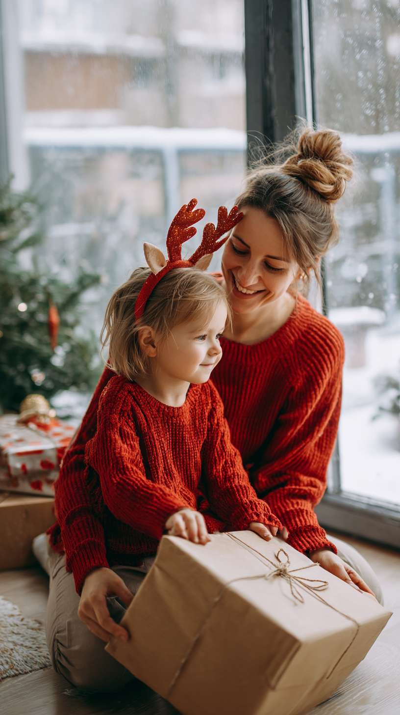 1温馨家庭客厅，暖黄色灯光，圣诞装饰盒散落，妈妈穿红色毛衣，孩子戴鹿角发箍，窗外飘雪，写实风格，8K --ar 9:16 --v 7 --stylize 100 --fast --no 水印