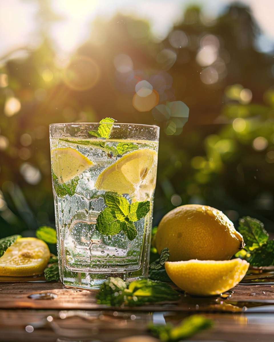 A glass of fresh lemon water with mint leaves on a wooden table, morning sunlight shining through, droplets on the glass, no text, clean and refreshing style --ar 4:5 --v 6 --stylize 100 --fast