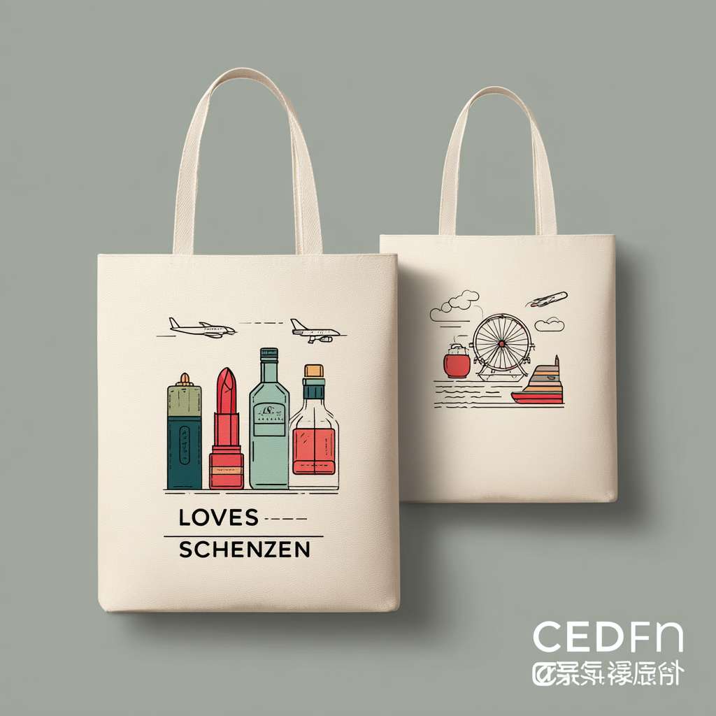 A graphic design layout for a tote bag, fdront and back view displayed flat.
Front: A modern vector-style illustration group featuring 2 colorful cosmetics (lipstick, serum), 1 elegant liquor bottle, and 1 minimalist watch. Integrated with simple line icons of an airplane, a ship, and a ferris wheel. The text "LOVES SHENZHEN" is prominently placed in a modern sans-serif font.
Back: Only the "cdf会员购" logo is positioned simply in the bottom right corner.
The bag color is off-white (beige). The design should look clean, professional, and ready for print. --ar 1:1 --v 7 --stylize 100 --fast --no 水印