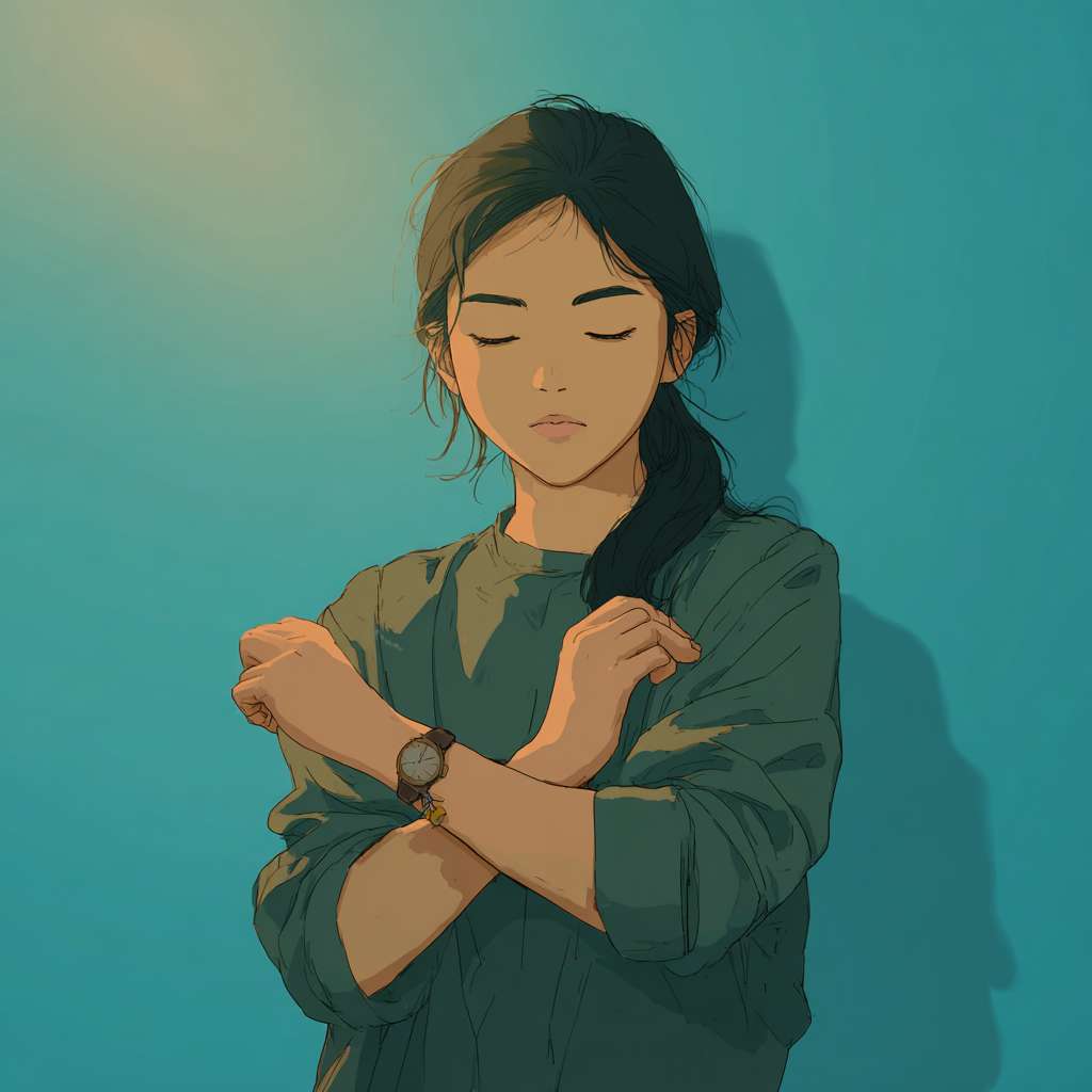 A picture of an Asian person peacefully slapping their cubital fossa --ar 1:1 --v 7 --stylize 100 --fast