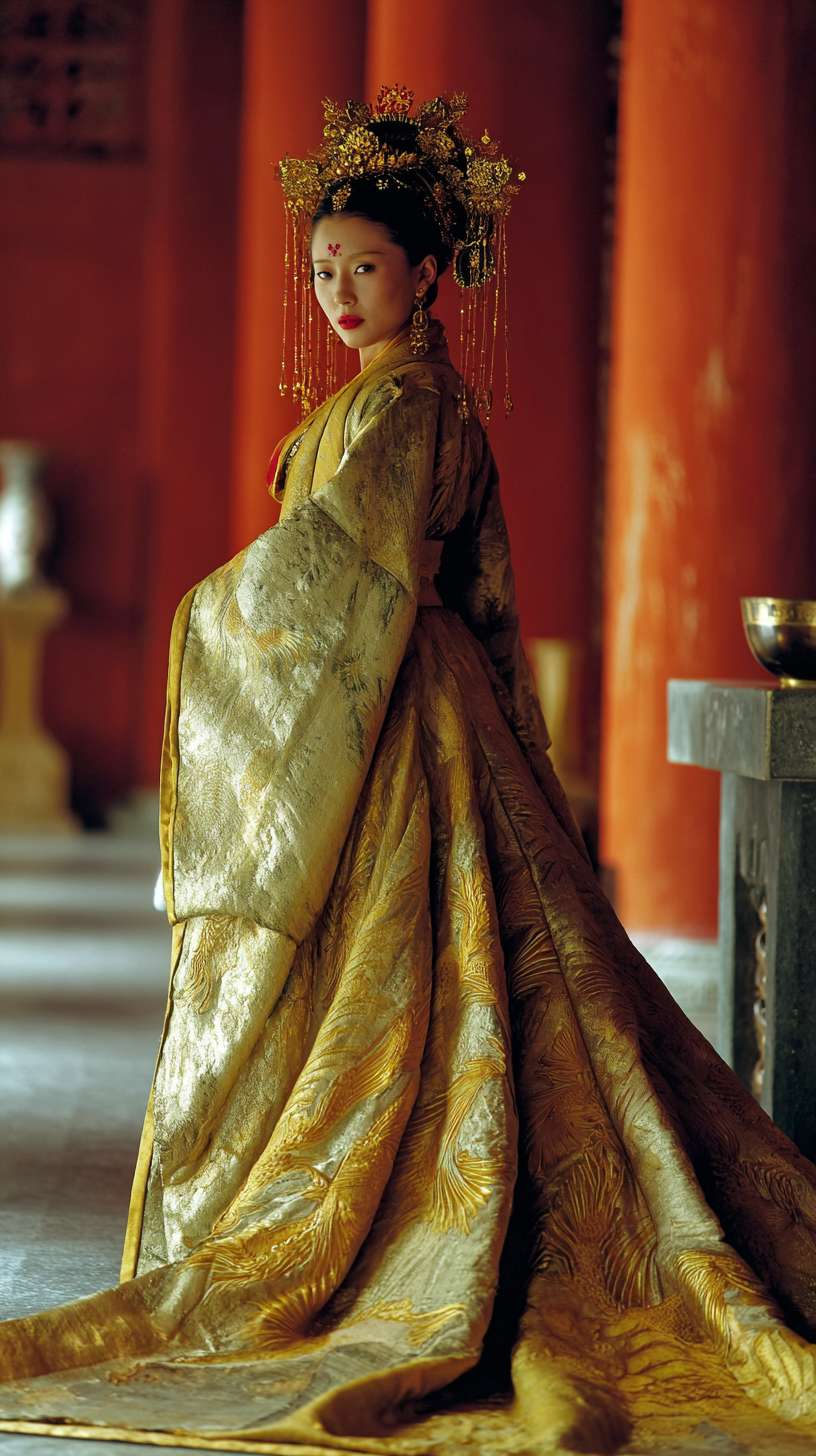 8K high - definition cinematic realism photography in Zhang Yimou's directorial aesthetic. In the authentic Shang and Zhou palace setting, concubine Daji commands attention through a dynamic pose: she twists her waist sideways, creating an S - curve silhouette with her twelve - chapter Shu brocade gown. The nine - tailed fox totem in golden thread undulates like living creatures under candlelight. A deliberate close - up emphasizes the demonic patterns at the corners of her phoenix eyes and the cinnabar mole on her forehead, with her parted lips revealing glinting teeth. Cool blue light traces distorted demonic shadows on the ground, contrasting sharply with the warm red walls. The background is simplified to a single white marble dragon pillar and a floating bronze jue cup, with blood mist appearing only as accents on the hem of her skirt. All visual elements use radial composition to direct focus to the golden triangle from her neck to hips. --ar 9:16 --v 7 --stylize 100 --fast