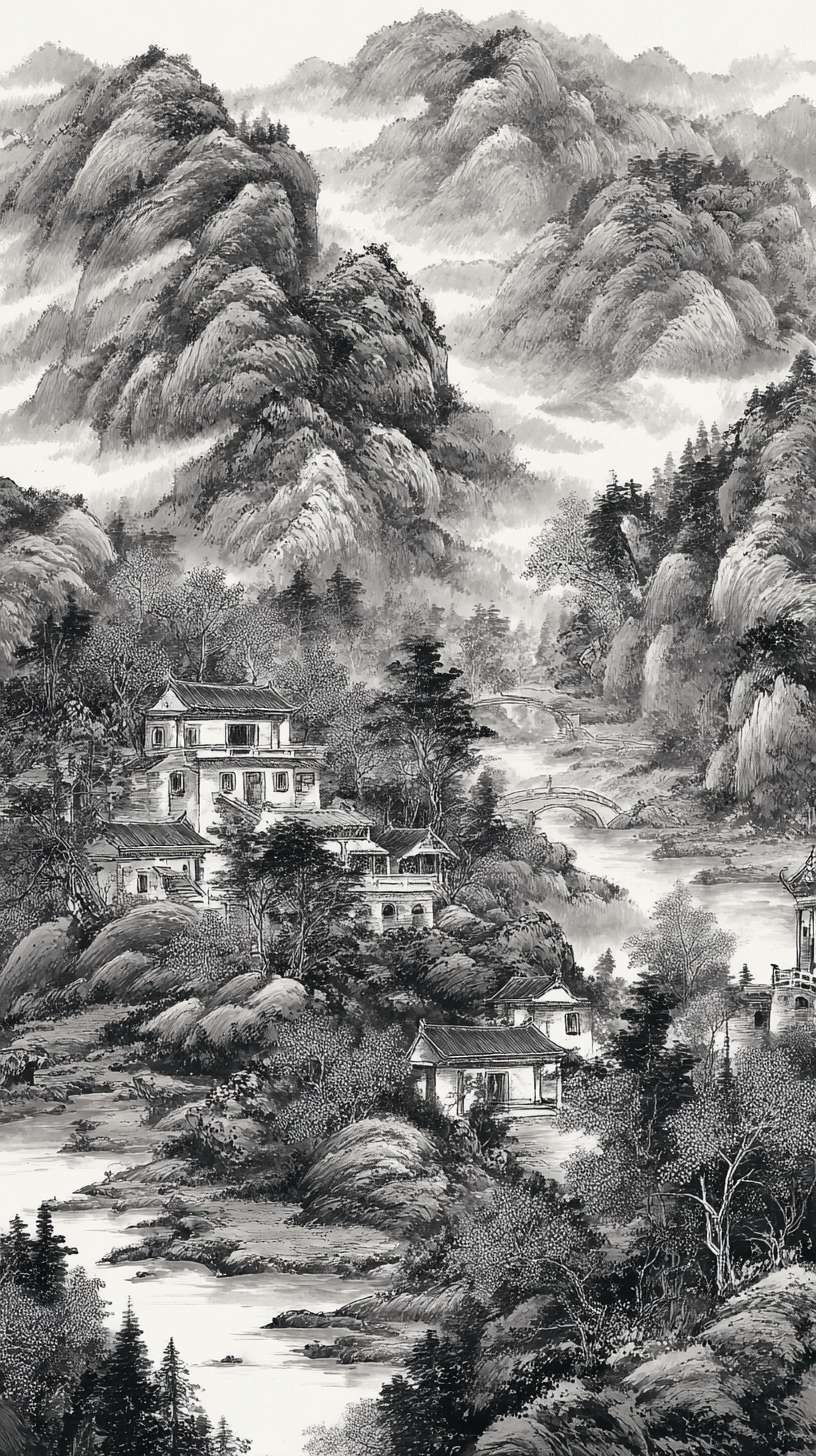 给我一张新手村，黑白水墨风，游戏背景，不需要文字 --ar 9:16 --v 7 --stylize 100 --fast --no 水印
