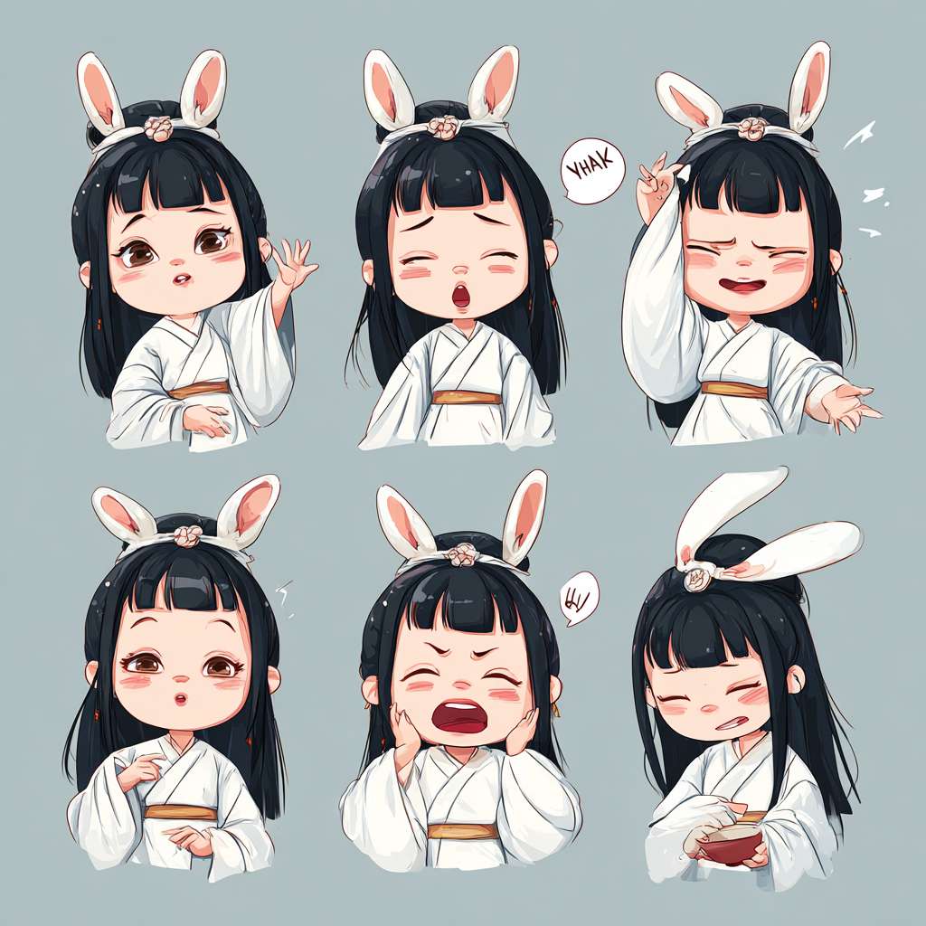 穿着汉服的小女孩，两只兔子耳朵，古典精致，全身图，9种姿势和表情，打招呼，谢谢，睡觉，离开，抱抱，可爱，伤心，大笑，失望，害羞，困倦，吃饭，头晕，表达爱意等，卡通动漫风格，九宫格，一个网格一个表情，不显示网格线 --ar 1:1 --v 7 --stylize 100 --fast --no 水印