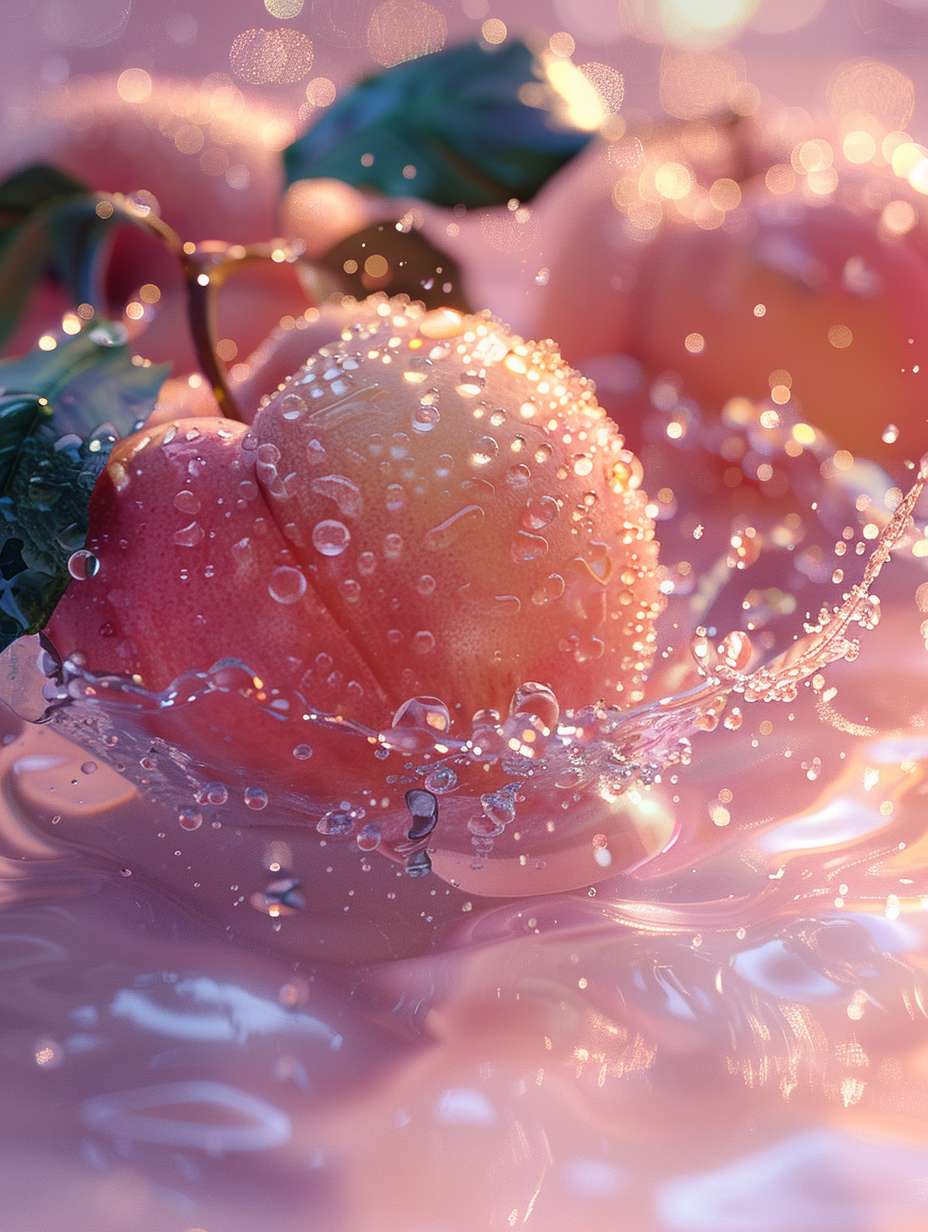 Peach and water photography, light pink background, surreal still life photography, macro shot tropical fruits, translucent textures, rendered in zbrush style, anime aesthetic, fairy tale core, sparkling water droplets, specular reflection, gorgeous colors, 8k, UHD --ar 3:4 --v 6.0 --stylize 300 --fast