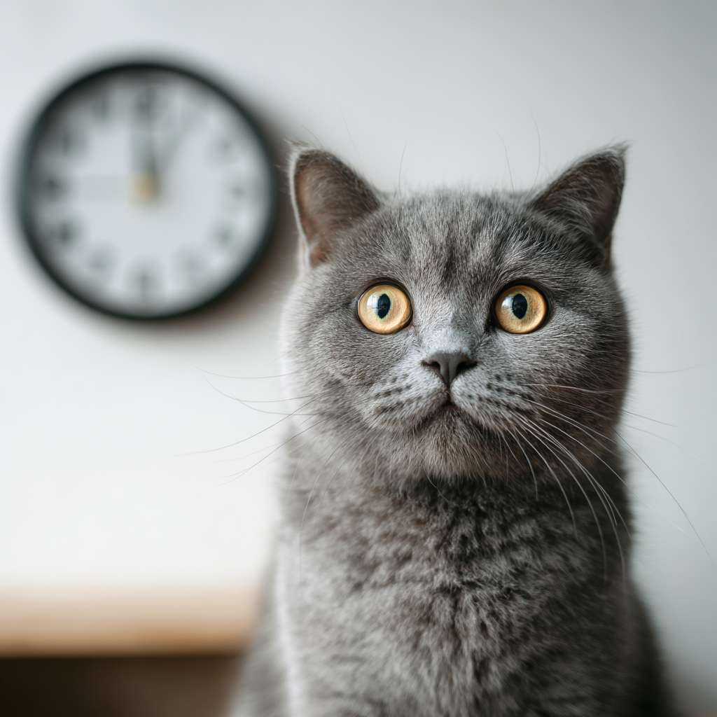 一只布偶猫，眼神呆滞地望着墙上的时钟，时钟指向5点，照片级真实感，4k，细节生动，滑稽可爱 --ar 1:1 --v 7 --stylize 100 --fast --no 水印