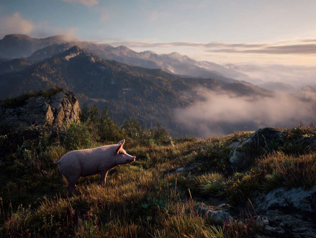 Photorealistic cinematic image，A pale pink pig on the grass next to the mountaintop, with a rocky mountain range behind it, and fog connecting the mountain range, full of warm colors and ultra high definition real materials， highly detailed photo. --ar 4:3 --v 7 --style raw --stylize 100 --fast