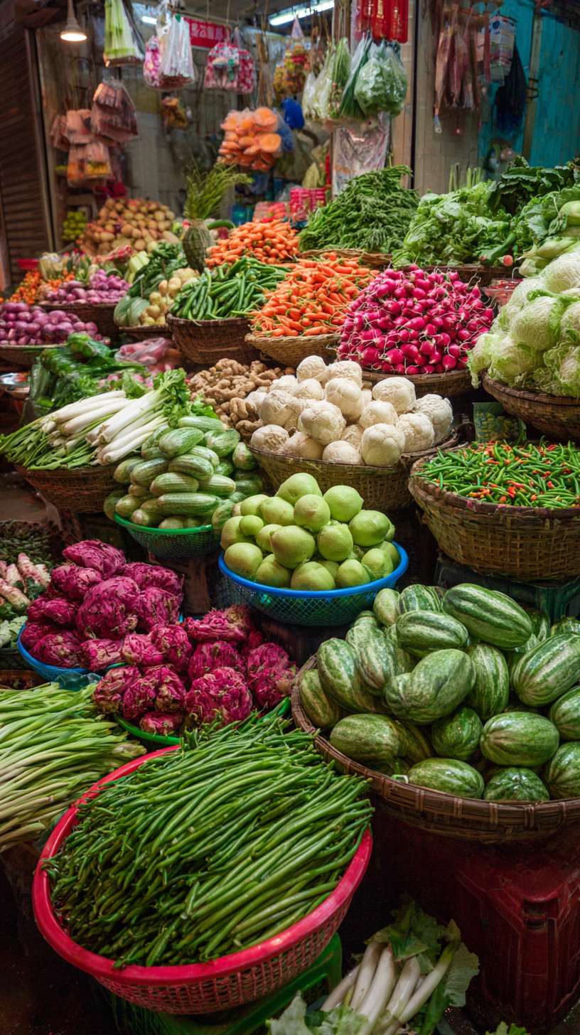 云南菜市场摆放着各种新鲜的蔬菜瓜果琳琅满目 --ar 9:16 --v 7 --stylize 100 --fast --no 水印